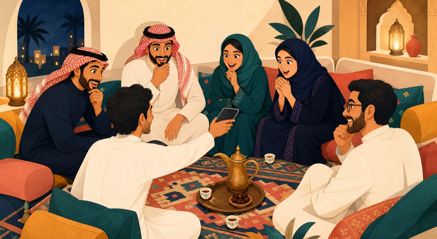 جمعة أصدقاء يلعبون برا السالفة بتمرير الجوال